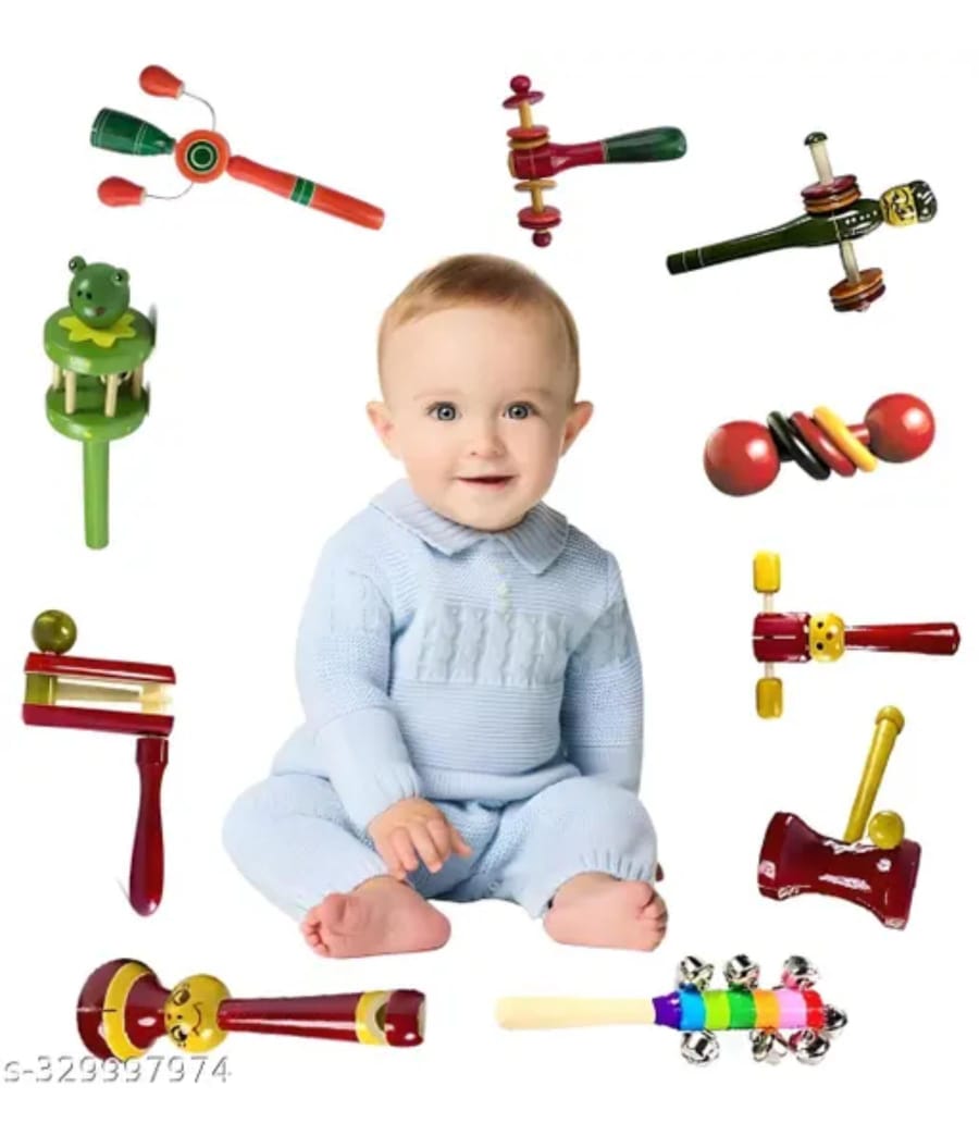 Wooden Rattles Set for Newborns & Infants – 9 pcs (Multicolor)