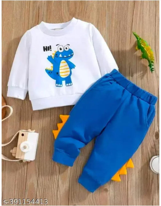 White Dino Cotton Boys Top & Bottom Set (0–3 Years, Multiple Sizes)